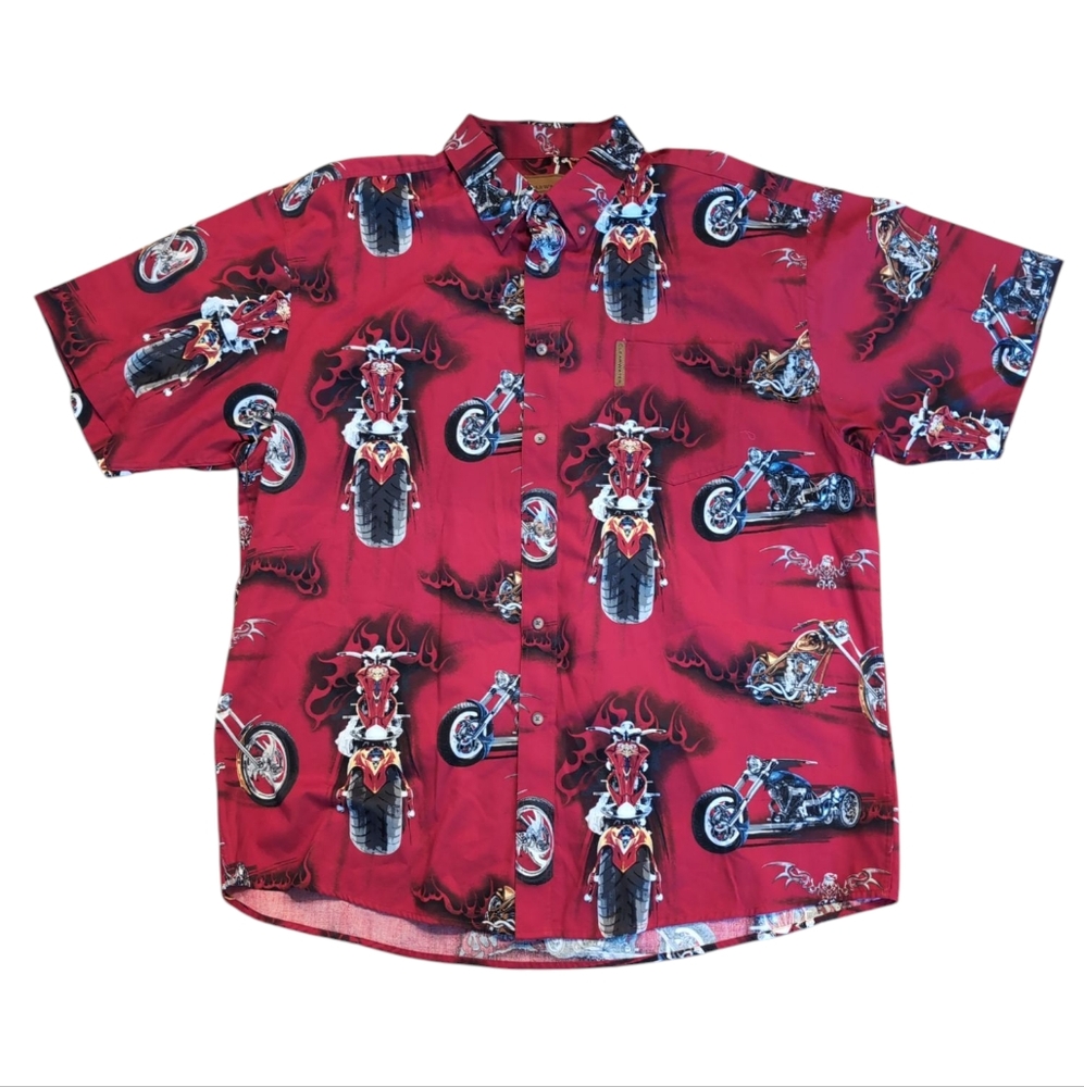 Clearwater Outfitters Button Down Shirt, Motorcycles, Flames, Red, Men's XL, NEW